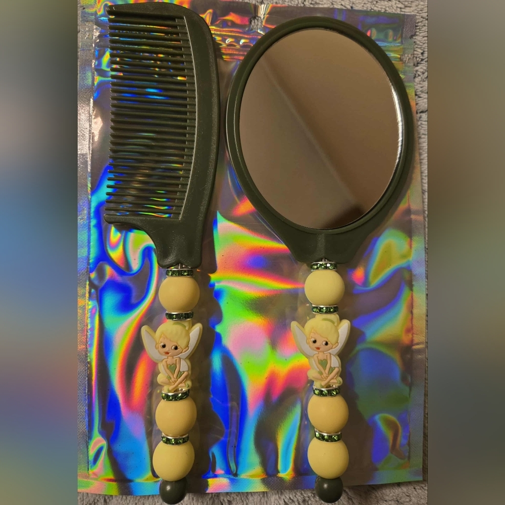 Hand Beaded Tinkerbell Comb & Mirror Set - New